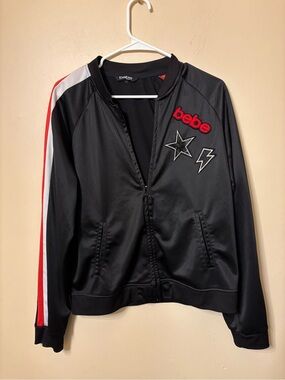 bebe sport Black Bomber Jacket with Red and White Sleeve Stripes size L